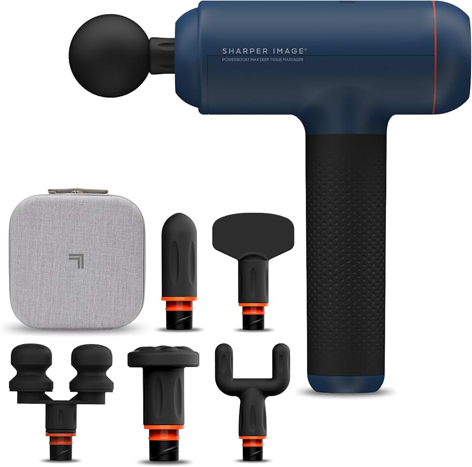 Sharper Image Powerboost Max Deep Tissue Massage Gun 2025 Version - Blue | Anti-Stall Percussion Massager, 7 Speeds, Workout Muscle Recovery, Pain Relief, Back &amp; Shoulder Massage Tool, Gift for Men