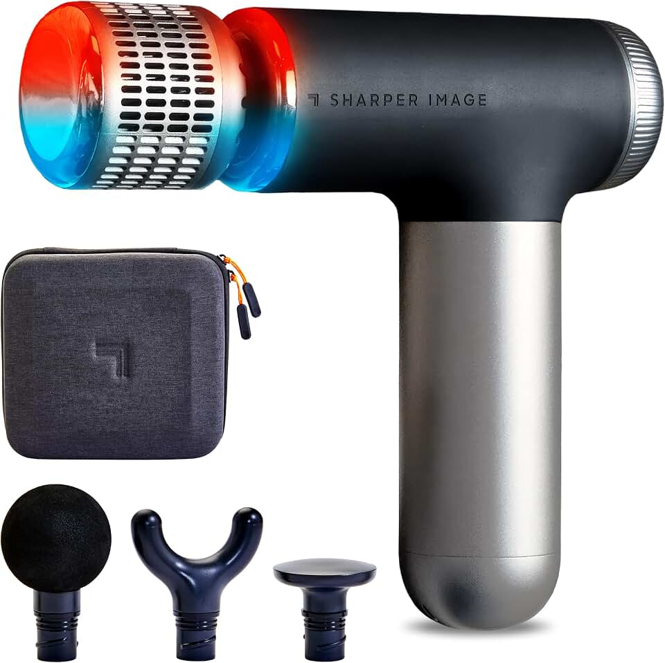 Sharper Image Powerboost Compact Heat &amp; Cold Therapy Percussion Massage Gun | Deep Tissue Lightweight Massager, Travel Essential, Pain Relief, Trigger Point, Full Body &amp; Back Recovery, Gift for Men