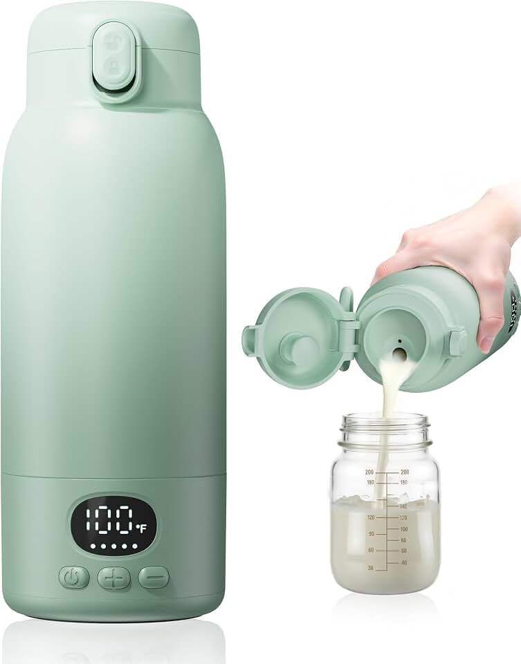 Portable Bottle Warmer for Travel, Fast Heating for Breast Milk &amp; Water, 17 Ounces, Long-Lasting Battery, Ideal for Outdoor Use &amp; Baby Shower, Light Green
