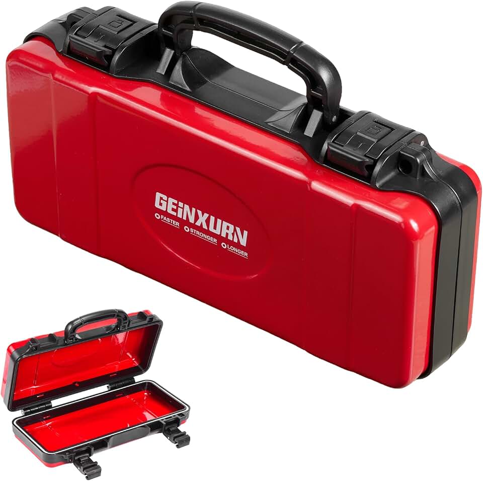Geinxurn 11”Red Tools Box, Portable Steel Heavy-duty Tool Case with Safety Latch and Handle for Tools Storage and Organizers, Home DIY
