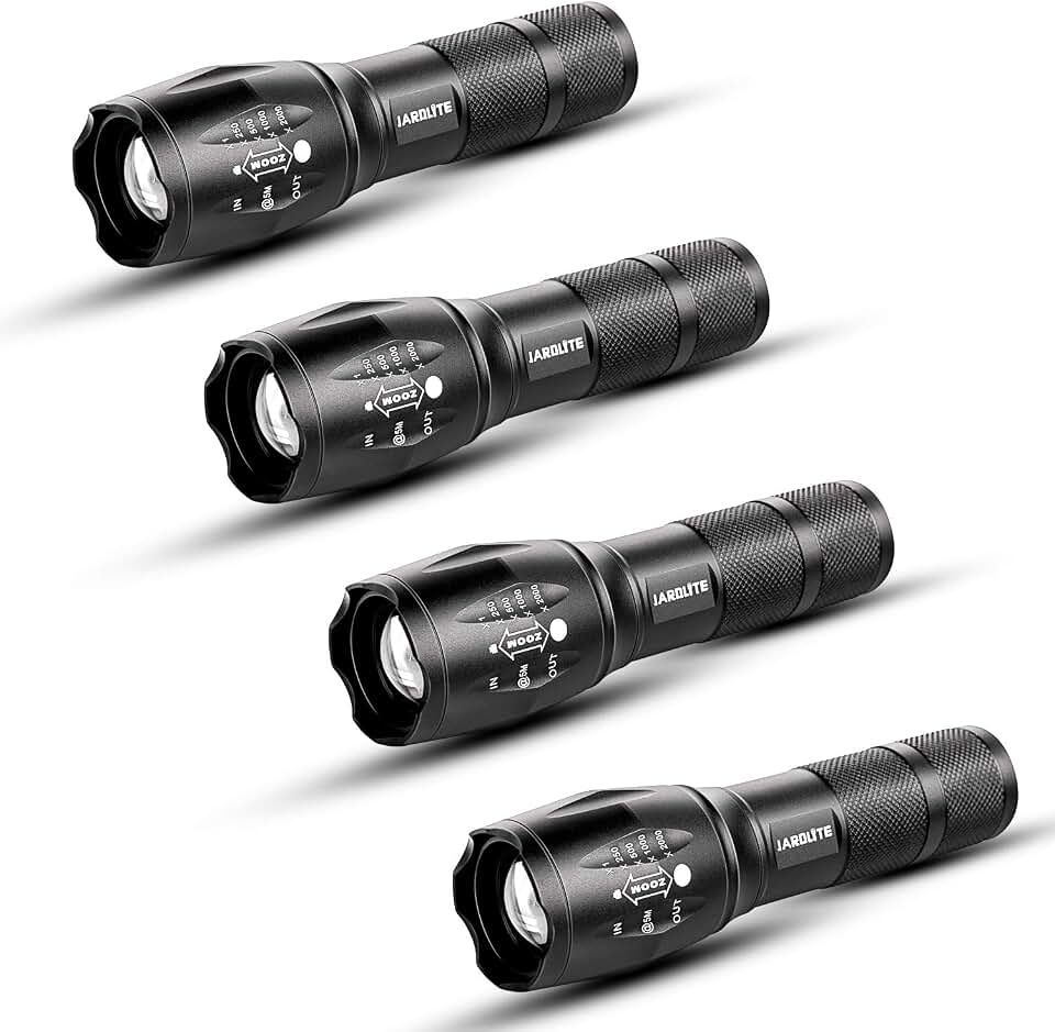 JARDLITE LED Emergency Handheld Flashlight, 4 Pack, Adjustable Focus, Water Resistant with 5 Modes, Best Tactical Torch for Hurricane, Camping, Dog Walking