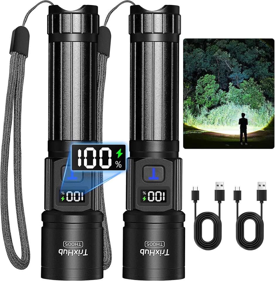 TrixHub Rechargeable Flashlights 2 Pack Super Bright High Lumens Flashlight | LCD Digital Display, 5 Modes, USB C Charging, Zoomable Linternas, Powerful Handheld Flashlights for Home Emergencies Camping ClimatePartner certified