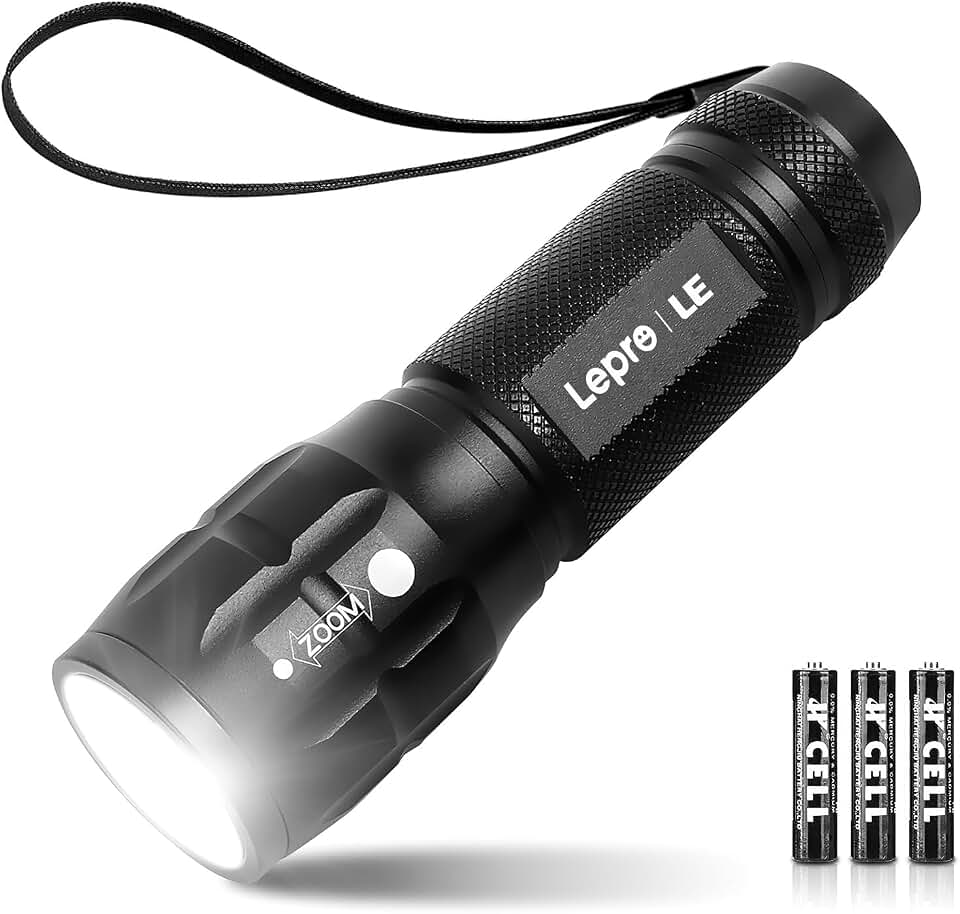 Lepro LED White Light Flashlight, High Lumens Waterproof Adjustable Focus | Small, lightweight. For outdoor, camping, emergency, tactical use. AAA batteries included. Adjustable zoom focus.