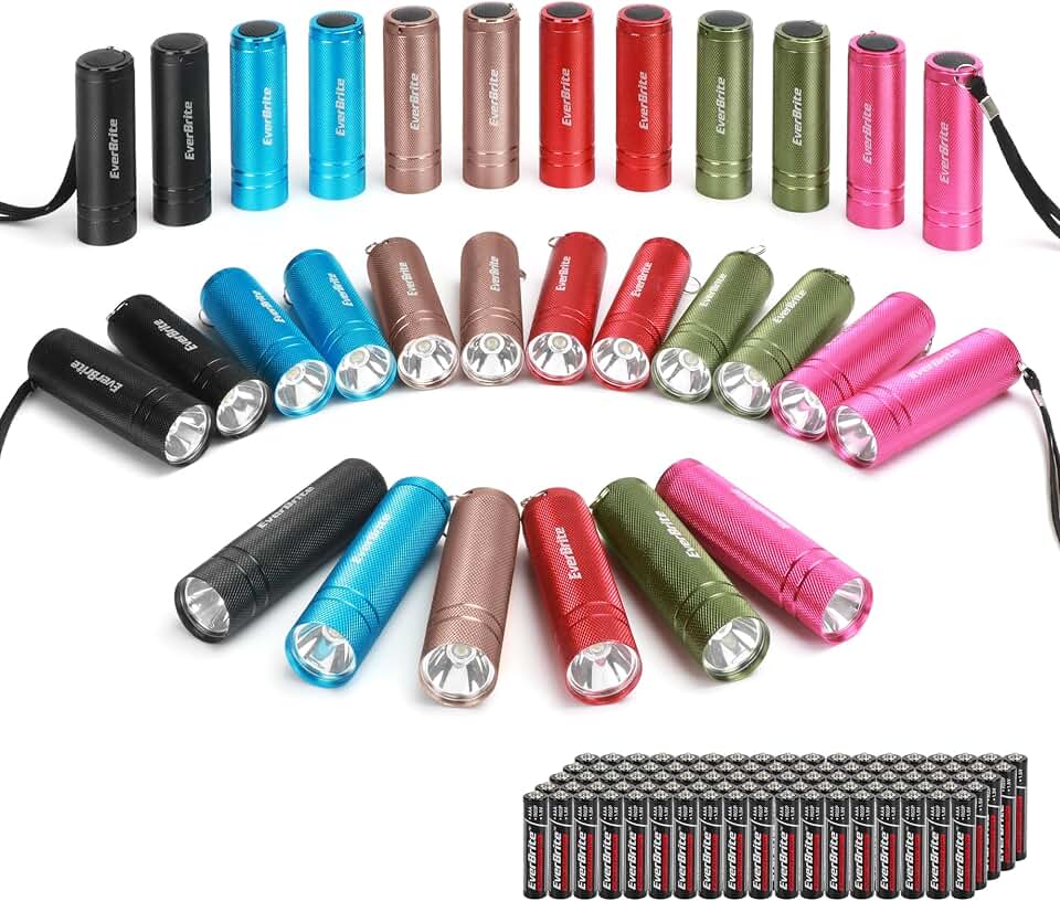 EverBrite 30-Pack Aluminum Mini LED Flashlight Set Portable Compact Bulk | 6 Colors, 90 AAA Batteries Lanyard included.LED torch for Emergency, Night Reading, Camping, Power Outage, Bulk Holiday Gifts