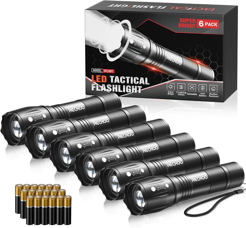 RECHOO 6-Pack LED Flashlight, Bright Small Flashlights High Lumens, 3 Modes, Battery-Powered Pocket Mini Flashlights, Flash Light Adjustable Focus, Waterproof Flashlights for Home Emergency Camping Recycled Claim Standard Blended