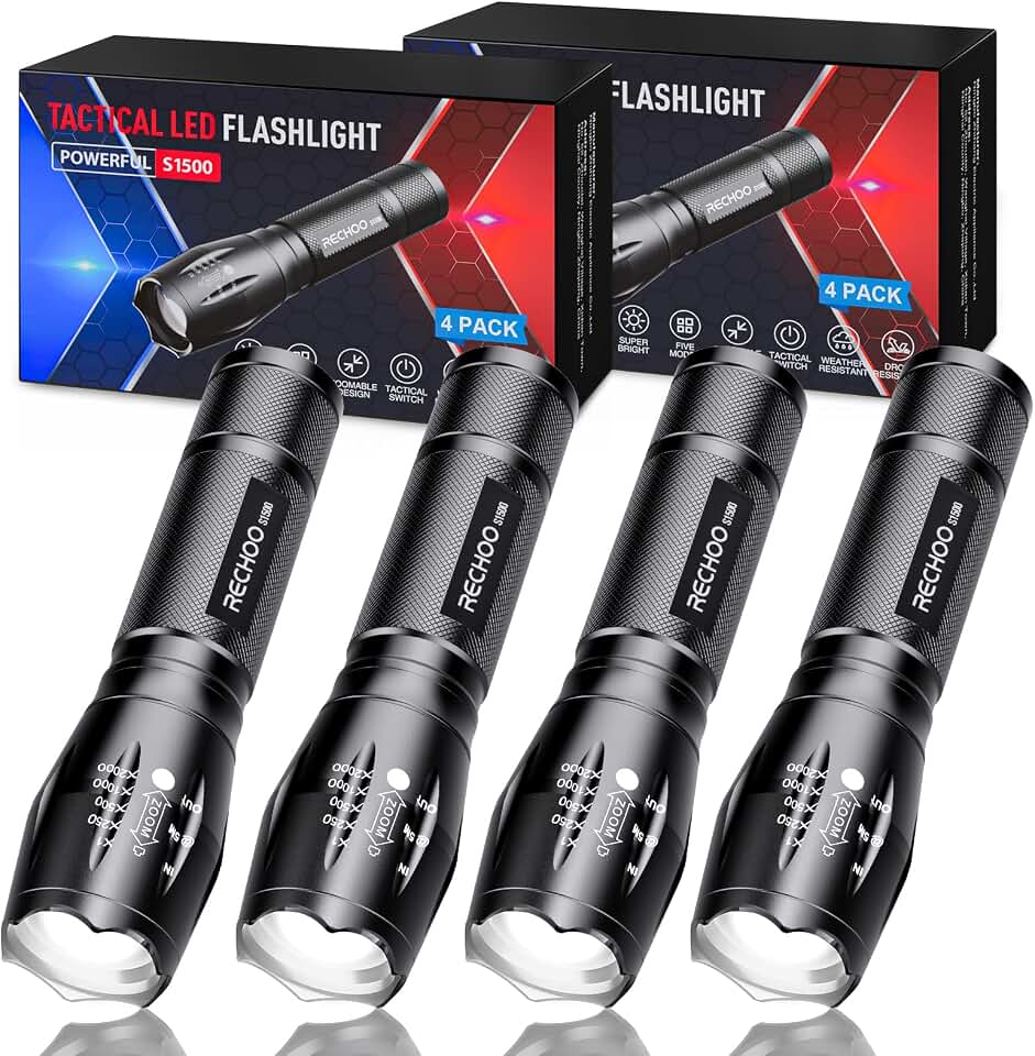RECHOO Tactical Flashlight 4 Pack, Bright Zoomable LED Flashlight with High Lumens and 5 Modes, Waterproof Portable Pocket Flash Light for Emergency, Camping, and Outdoor Use - S1500 Recycled Claim Standard Blended