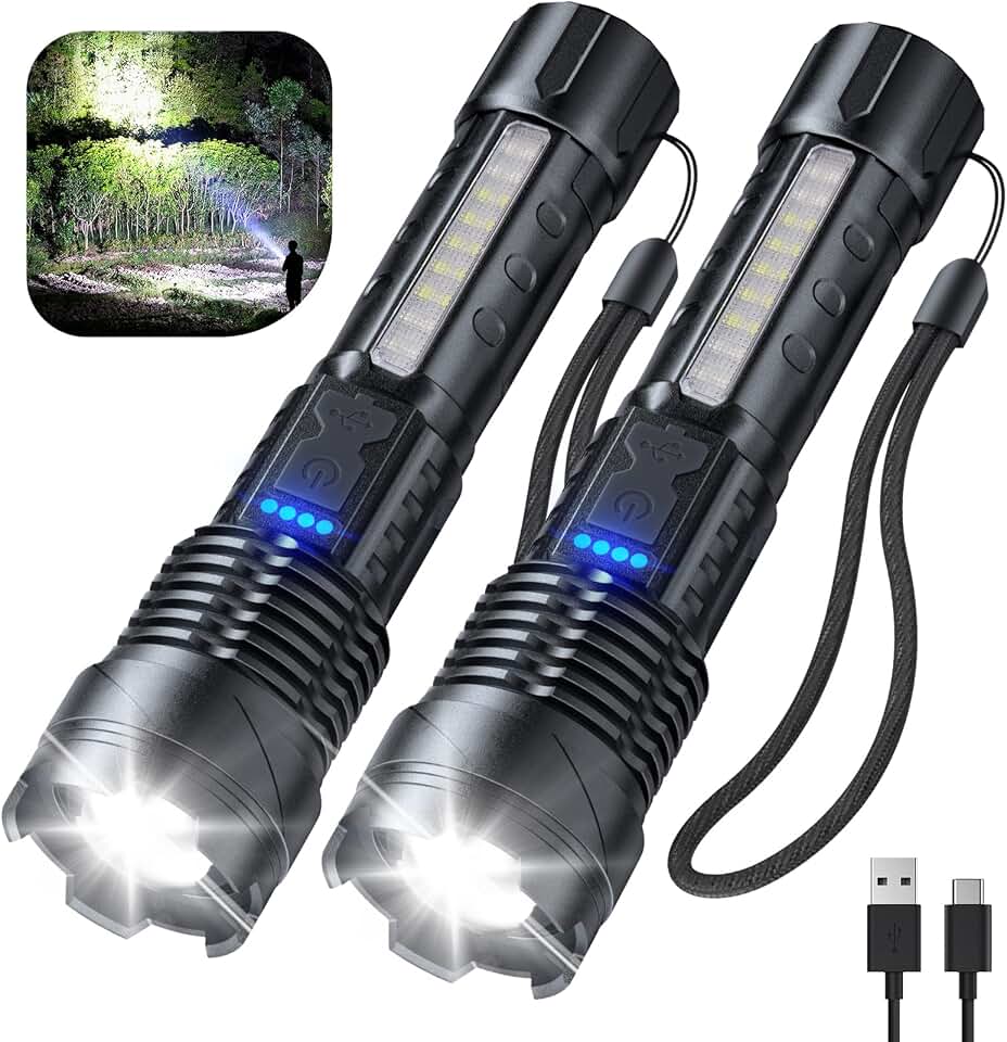 Cinlinso Flashlight High Lumens Rechargeable 2 Pack, 90000 Lumen Super Bright Led Flashlights with 7 Light Modes, IPX6 Waterproof, Powerful Handheld Flash Light for Camping Home Emergencies