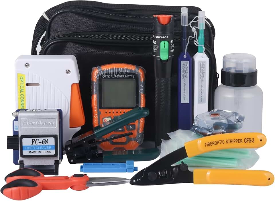 Fiber Optic Termination &amp; Cleaning Kit - Visual Fault Locator Fiber Optic Cable Tester, Optical Power Meter, Cleaner, Cleaver, Stripper - Multi Tester Tools Set
