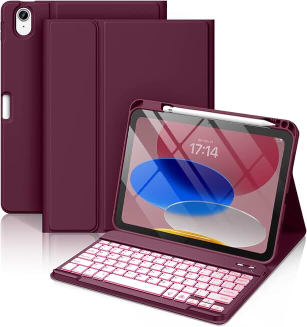 Hamile for iPad A16 11th 10th Generation Case with Keyboard - Wireless | Backlit Detachable Folio Keyboard Cover, Pencil Holder, for iPad A16 11-inch 2025 10th Generation 10.9 Inch 2022, Dark Cherry