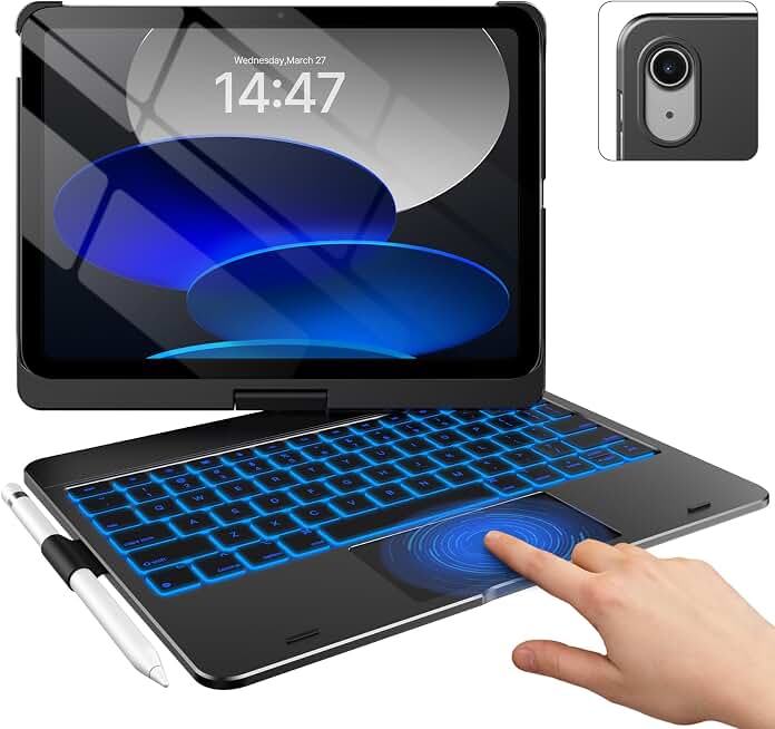 typecase Touch iPad A16 11th/10th Gen Case with Keyboard, 360° Rotating | Multi-Touch Trackpad, 11-Color Backlit, Pencil Holder; Fits iPad A16 11″ (2025) &amp; 10th Gen 10.9″ (2022), Black ClimeCo Certified