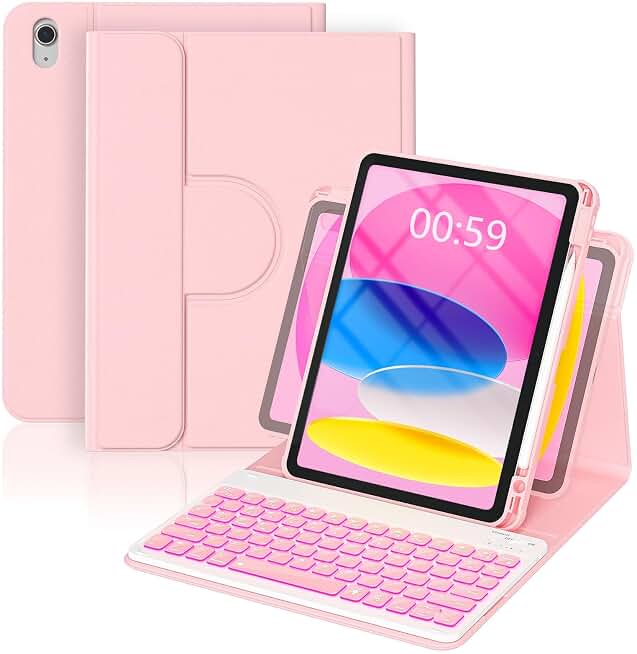 YBING for iPad A16 Case with Keyboard 11th &amp; 10th Generation Dedicated | 7-Color Backlit Wireless Detachable Keyboard &amp; 360° Rotating Cover (iPad Placed Horizontal or vertical) with Pencil Holder