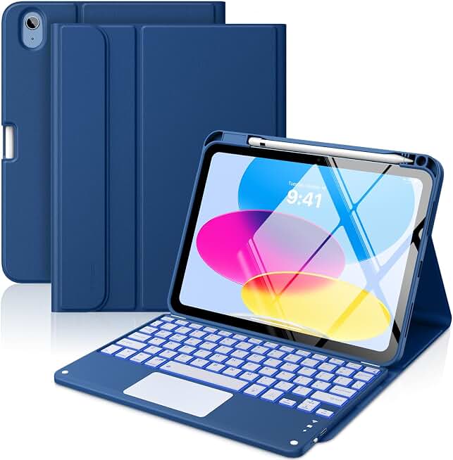 MoKo Touch Keyboard Case for iPad (A16) 11th/10th Gen, Navy Blue | 7 Colors Backlit, Multi-TrackPad, with Pencil Holder, Auto Wake/Sleep, Compatible with iPad 11 inch 2025, iPad 10.9 inch 2020 ClimatePartner certified