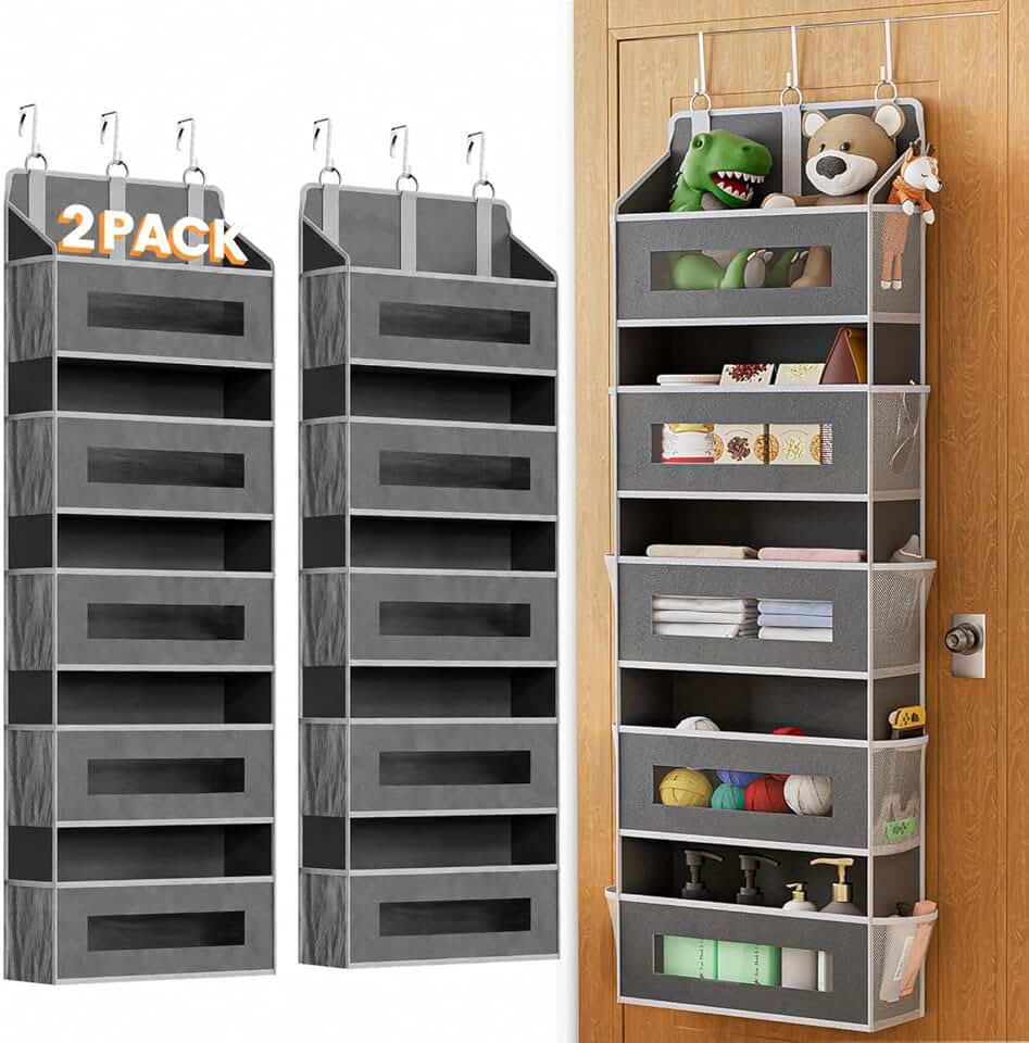 2 Pack 5 Tier Over the Door Organizer for Bathroom, Bedroom, Pantry, Grey | 48 lb Load Capacity, Anti Tilt Design, Hanging Closet Organizer with Clear Windows and 10 Pockets, Door Storage for Nursery