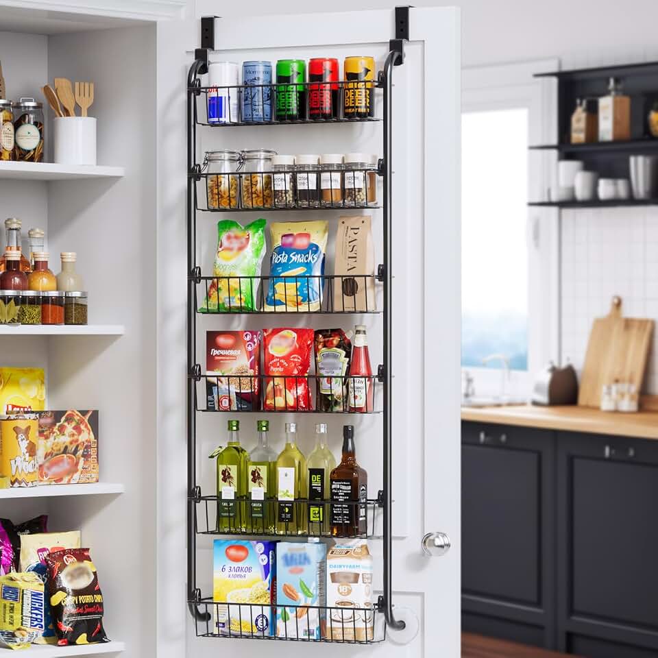 Delamu Over the Door Pantry Organizer, 6-Tier Metal Pantry Door Organization and Storage, Hanging Kitchen Basket Spice Rack Seasoning Shelves, Cabinet Door Organizer for Easy Install,D5xW18xH50inch Global Recycled Standard