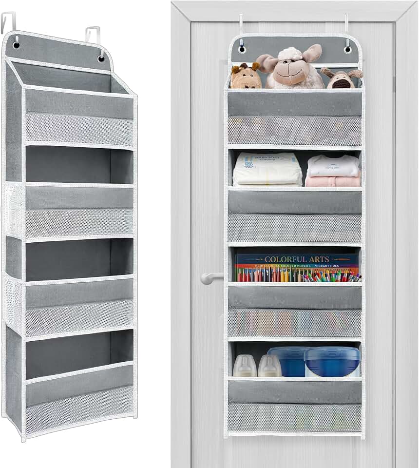 Over the Door Organizer 4 Shelves &amp; 4 Side Pockets, Hanging Door Storage | 44 lb Capacity, Flexible Reinforced Hooks, Hanging Door Storage for Bathroom, Closet Organization, Pantry &amp; Bedroom, Grey