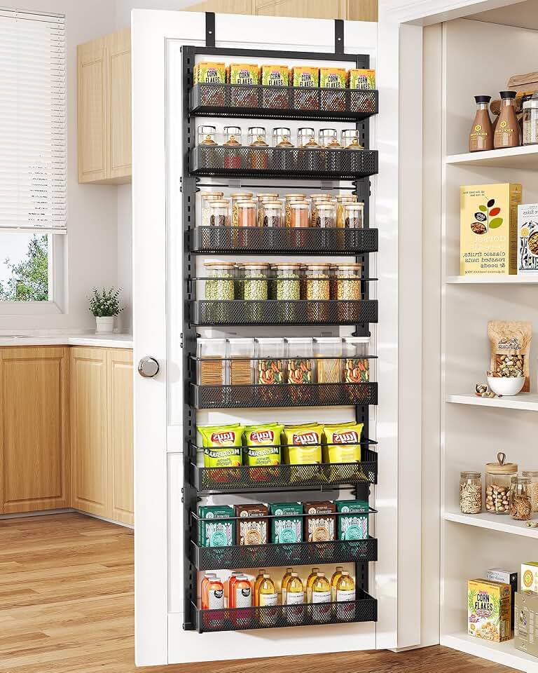 SNTD 8 Tiers Over the Door Organizer, 17" W x 6" D x 69" H, Black | Pantry Door Organizers and Storage, Height Adjustable Spice Rack, Dense Mesh Baskets, Anti-Swing, Adjustable Door Fastener