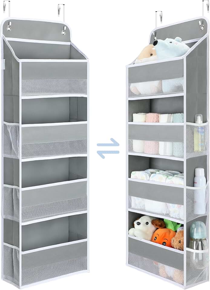 Yecaye 1 Pack Over the Door Organizer, 35.2lbs Load Toy Stuffed Animal Storage, Large Capacity Swing-proof Hanging Bathroom Organizers and Storage for Nursery Newborn Baby Essential Stuff Grey Global Recycled Standard