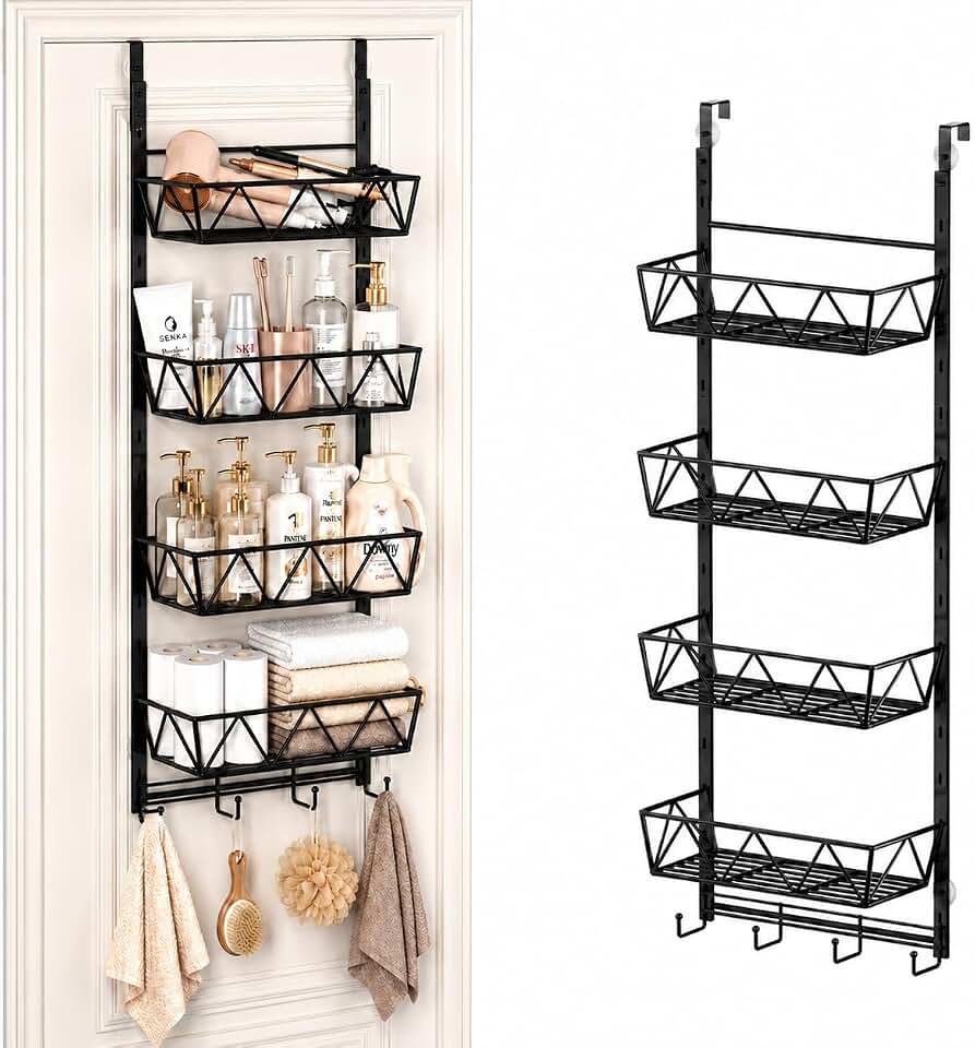 Over the Door Bathroom Organizer,Hair Dryer Holder with Hooks, 4-Tier | 4-tier adjustable over-door organizer stores hair tools, cosmetics and toiletries for bathrooms, vanities or laundry rooms.