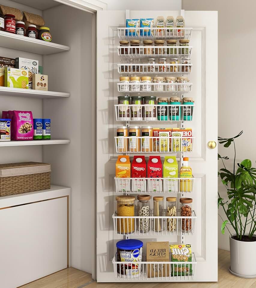 Mefirt White 9-Tier Over The Door Pantry Organizer, Pantry Organization | Pantry Hanging Organizers and Storage, Adjustable Heavy-Duty Metal for Home &amp; Kitchen, Back of Door Seasoning Rack