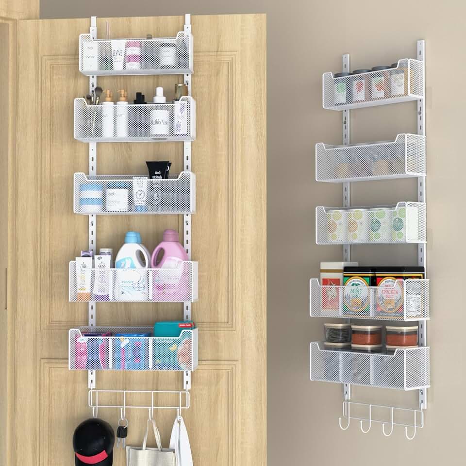 VyGrow Over The Door Organizer, Metal Door Organizer Hanging with 5 Adjustable Baskets and Coat Hook, Behind The Door Storage for Bedroom Closet Bathroom Pantry Cabinet Kitchen, White Recycled Claim Standard 100
