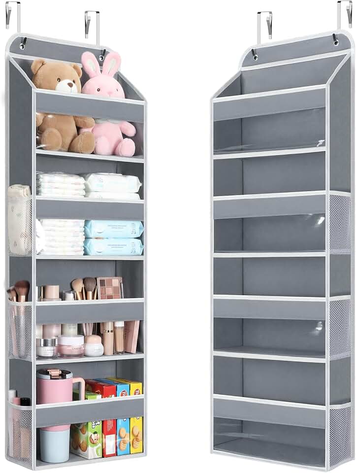 LAMU Over the Door Organizer, Large Capacity Behind the Door Storage with Clear PVC Windows, Back to School Supplies, Stuffed Animal Storage for Dorm Closet Nursery Bathroom Pantry, 4 Tier Grey