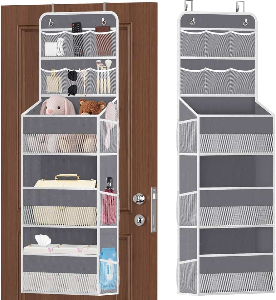 SpaceHacks 5-Tier Over the Door Organizer with Mesh Pockets, Dark Grey | Baby Nursery Storage for Closet, Bathroom and Bedroom, Adjustable hooks, Breathable Design, Fits Most Doors up to 1.8 In Global Recycled Standard