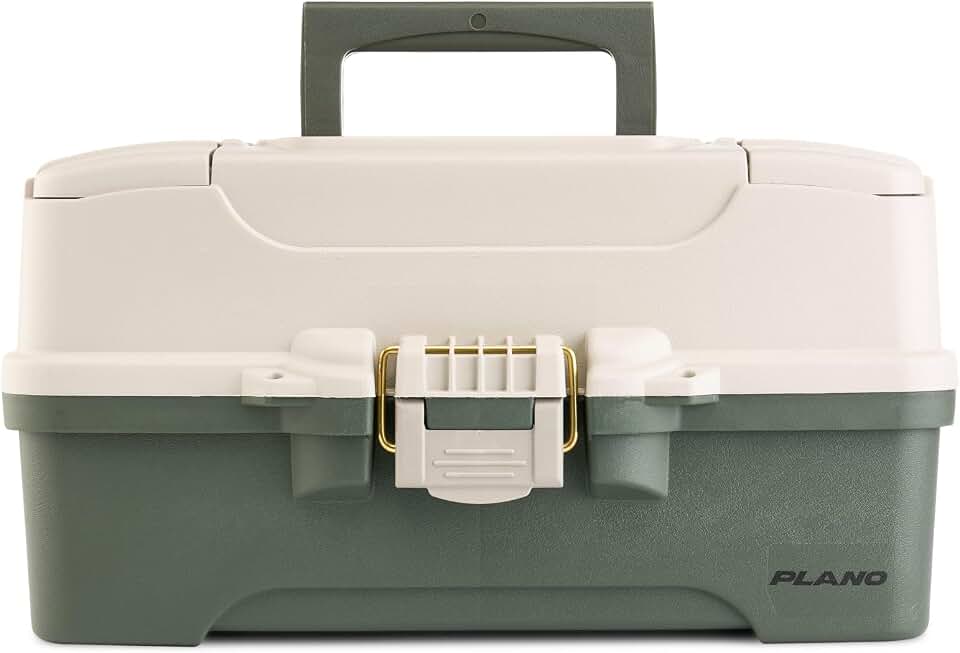 Plano Three-Tray Tackle Box, Green/Tan, Rust-Proof Brass Latch, Top-Access Tray with Deep Storage, Made in the USA, Portable Fishing Gear Storage Organizer