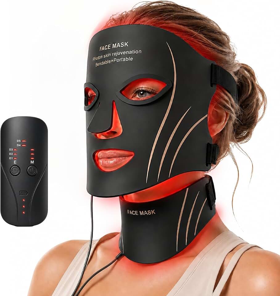 Red Light Therapy Mask for Face &amp; Neck Skin Care, 7-Color Infrared Facial Mask with 309 LED Chips, 5 Brightness, Rechargeable Controller for Anti-Aging, Skin Firming &amp; Radiant Glow at Home (Black)