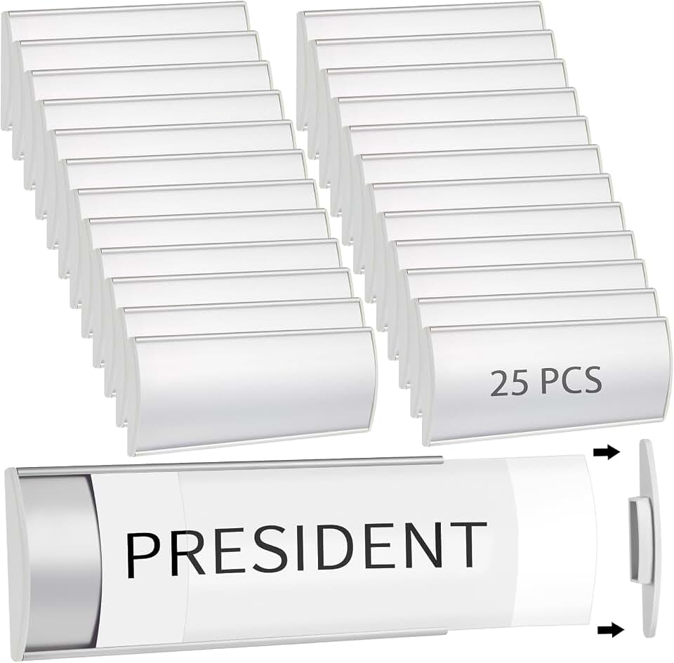 Therwen 25 Pack Aluminum Office Door Name Plate Holder, Silver, 8 x 3 in | Wall Mount, 8'' x 3'', Business Sign Holder, Office Door Sign, Sturdy Curved with Plastic Film and Adhesive Tape