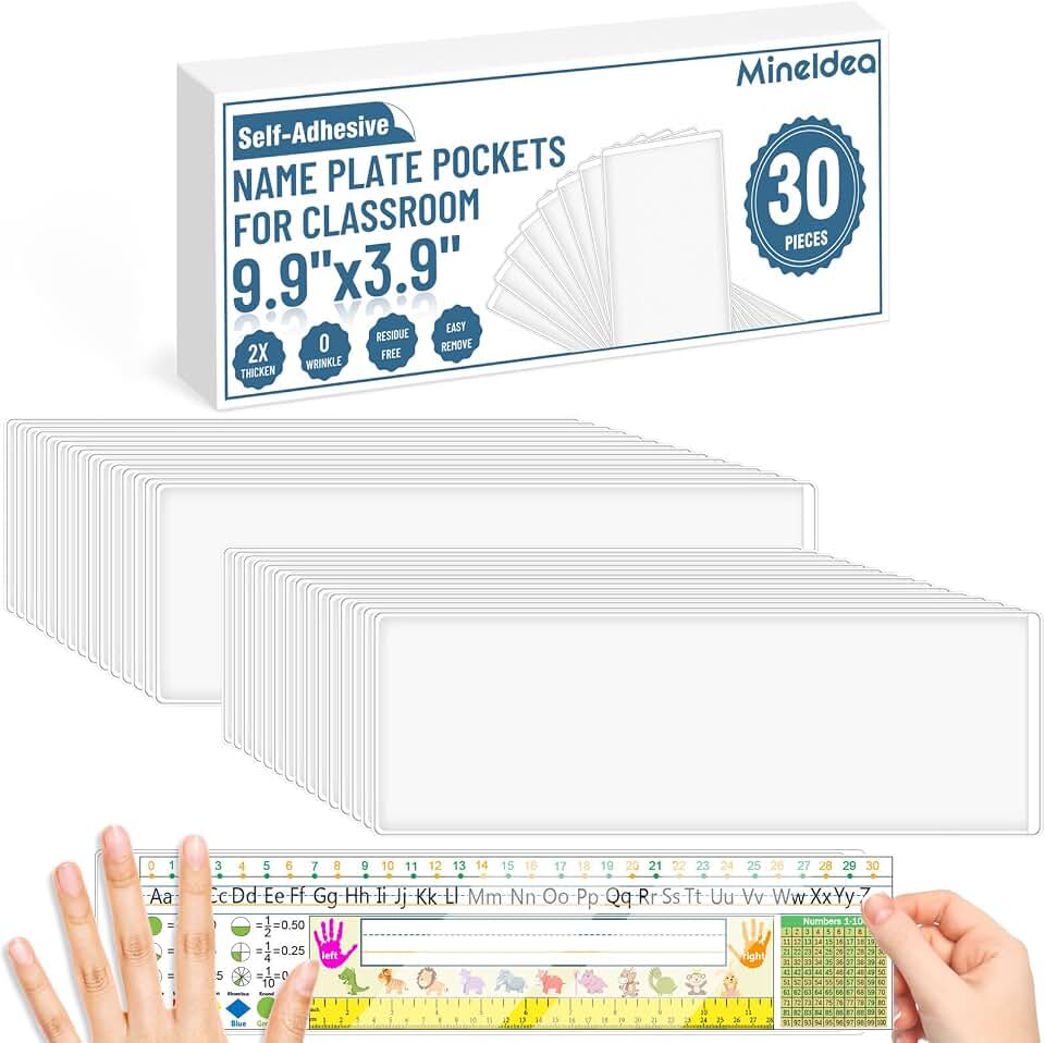 30 PCS Nameplate Pockets, 9.9" x 3.9" Self Adhesive Desk Name Tag Sleeves, Thicken PVC, Wrinkles Free and Easy Remove Name Tag Holder for Classroom Student Desk Bins