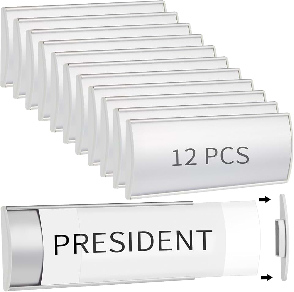 Therwen 12 Pack Aluminum Office Door Name Plate Holder, Silver, 8 x 3 in | Wall Mount, Curved Business Sign Holder, Office Door Sign, Sturdy, with Plastic Film and Adhesive Tape