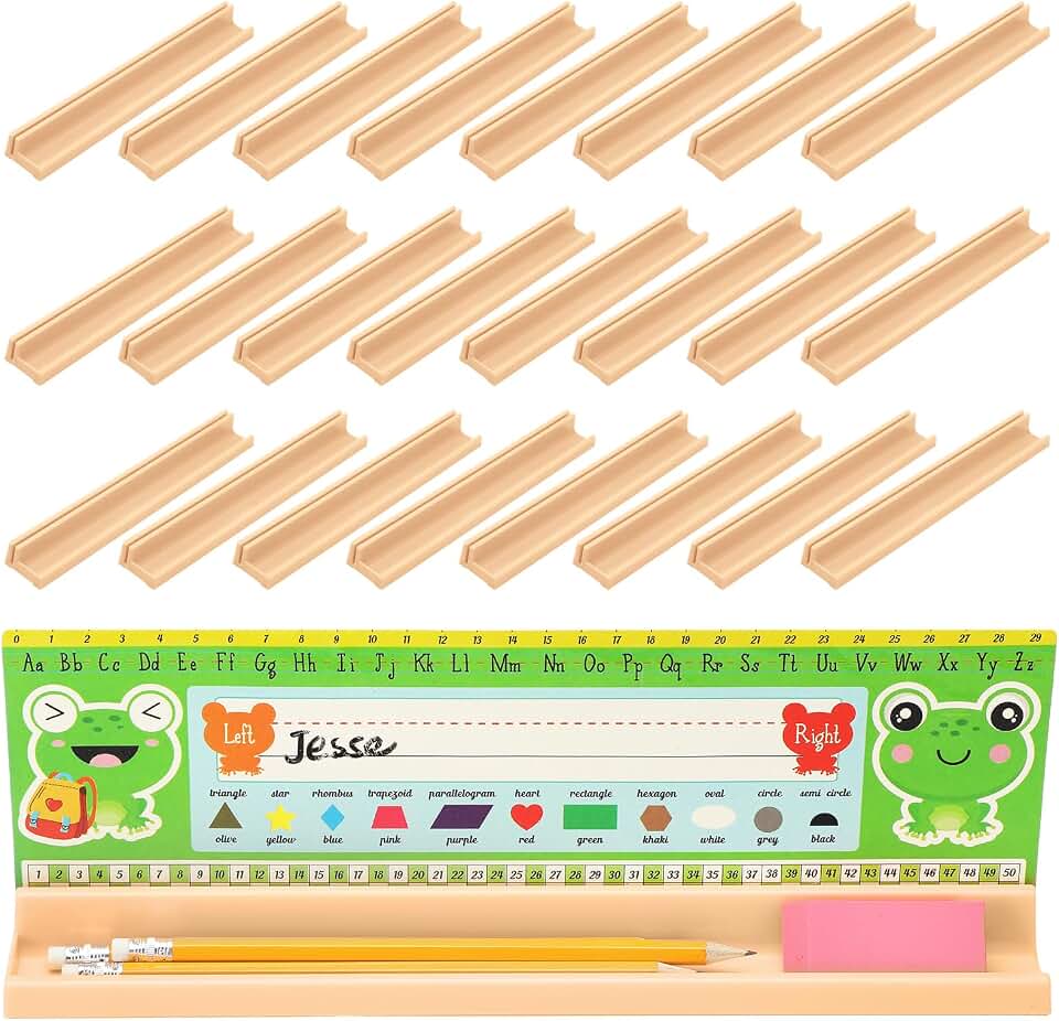 Teling 24 Pcs Beige Name Plate Holder for Desk Self Adhesive and Removable | Nameplate Stand with Pen Holder Beige Plastic Name Tag Holder with Adhesive Grip for Student Classroom School, 1.5x12x1 Inch
