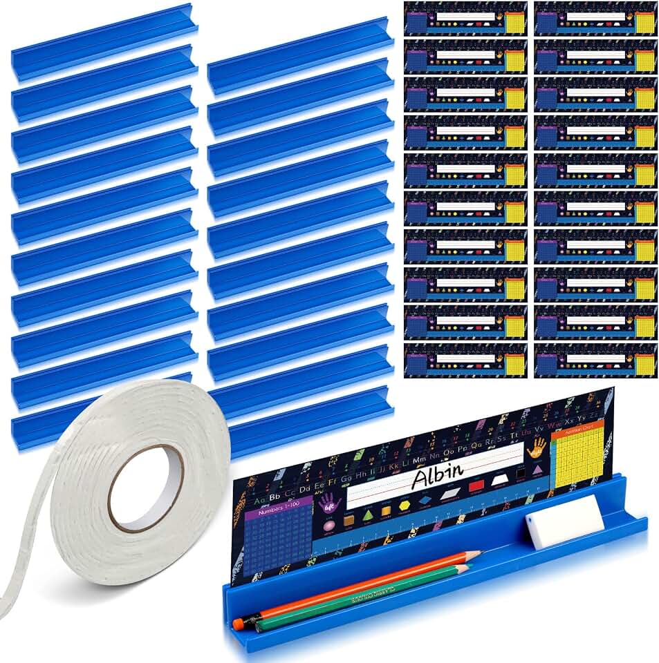 PerKoop 20 Pcs Classroom Desk Name Plates Holder Set | Index Cards Storage Classroom Name Tags Kids Desk Accessories Desktop Helper Prop and Park Station Tray Organizer Water