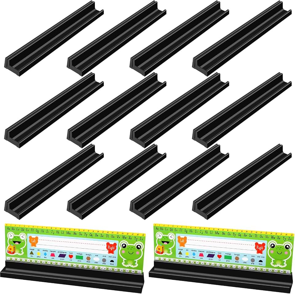 Teling 12 Pieces Name Plate Holder for Desk | Adhesive Removable Stand for Classroom Desk, School Tag Holders, Desktop Organizer with Pen Storage, 1.5 X 12 X 1 in Size