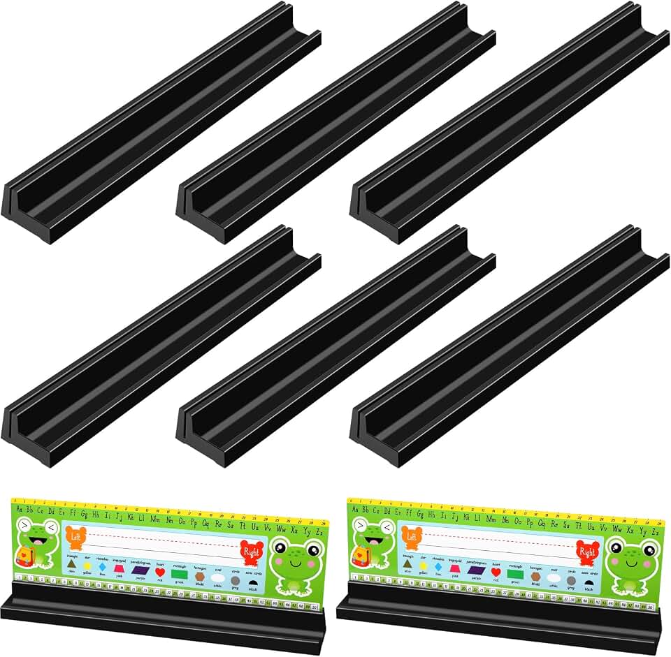 Teling 6 Pieces Name Plate Holder for Desk | Adhesive Removable Stand for Classroom Desk, School Tag Holders, Desktop Organizer with Pen Storage, 1.5 X 12 X 1 in Size