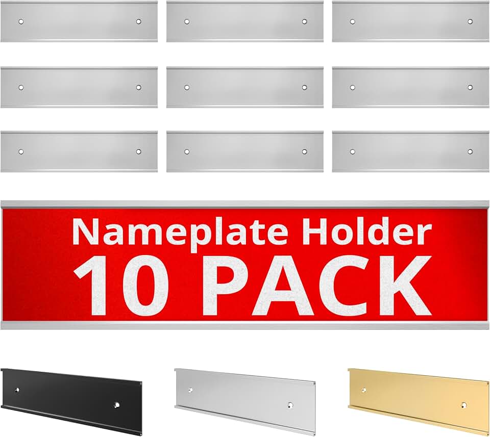 NapTags Aluminum Wall &amp; Door Nameplate Holders, Silver, 8 x 2, 10 Pack | Fits 8 x 2 in name plates, Satin aluminum finish, Wall or door mount, Durable construction, Professional appearance