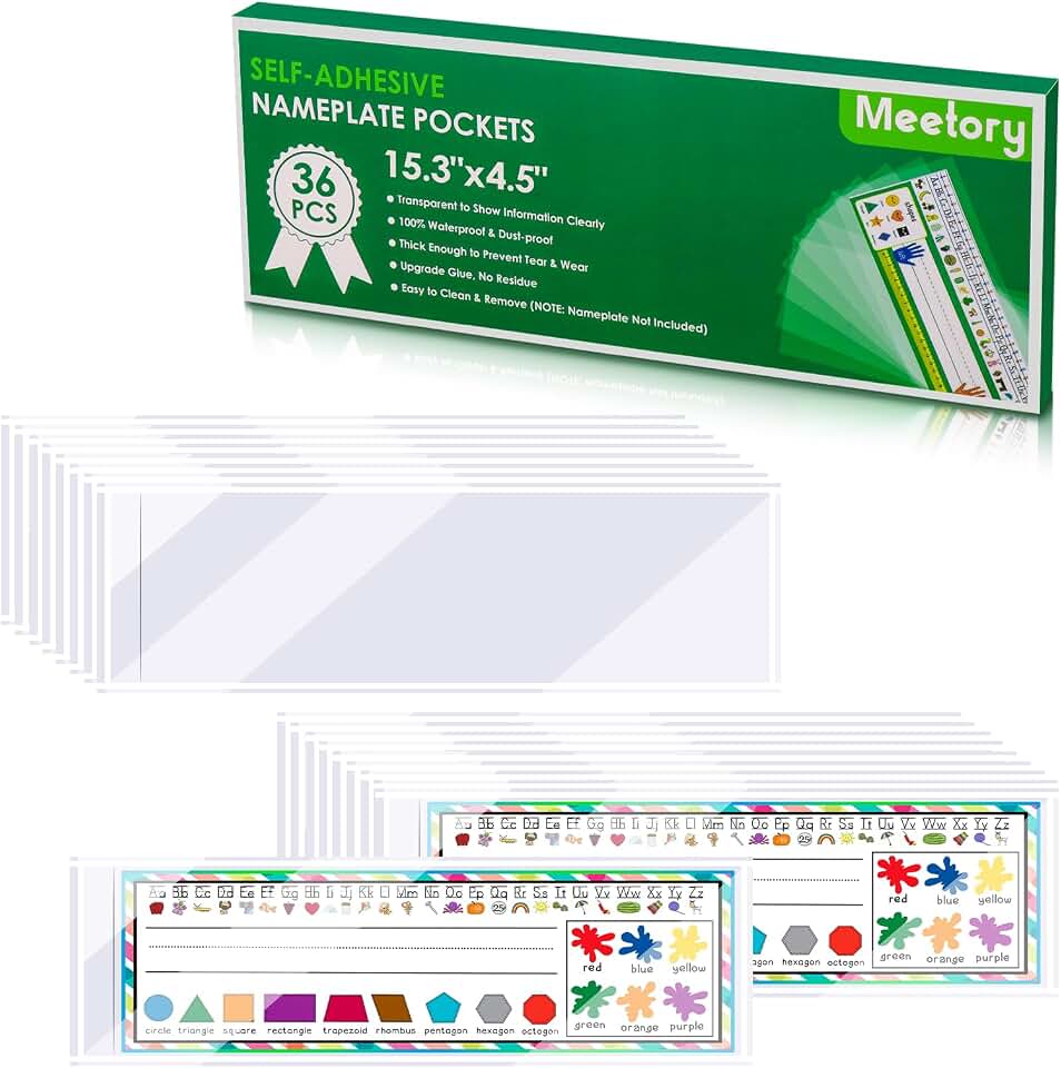 36 PCS Upgraded Nameplate Pocket, 15.3'' x 4.5'' Self Adhesive Desk Nameplates Name Tag Pocket,No Residue Clear Plastic View Name Tag Sleeves for Classroom Desk, Office Supplies (15.3 x 4.5'')