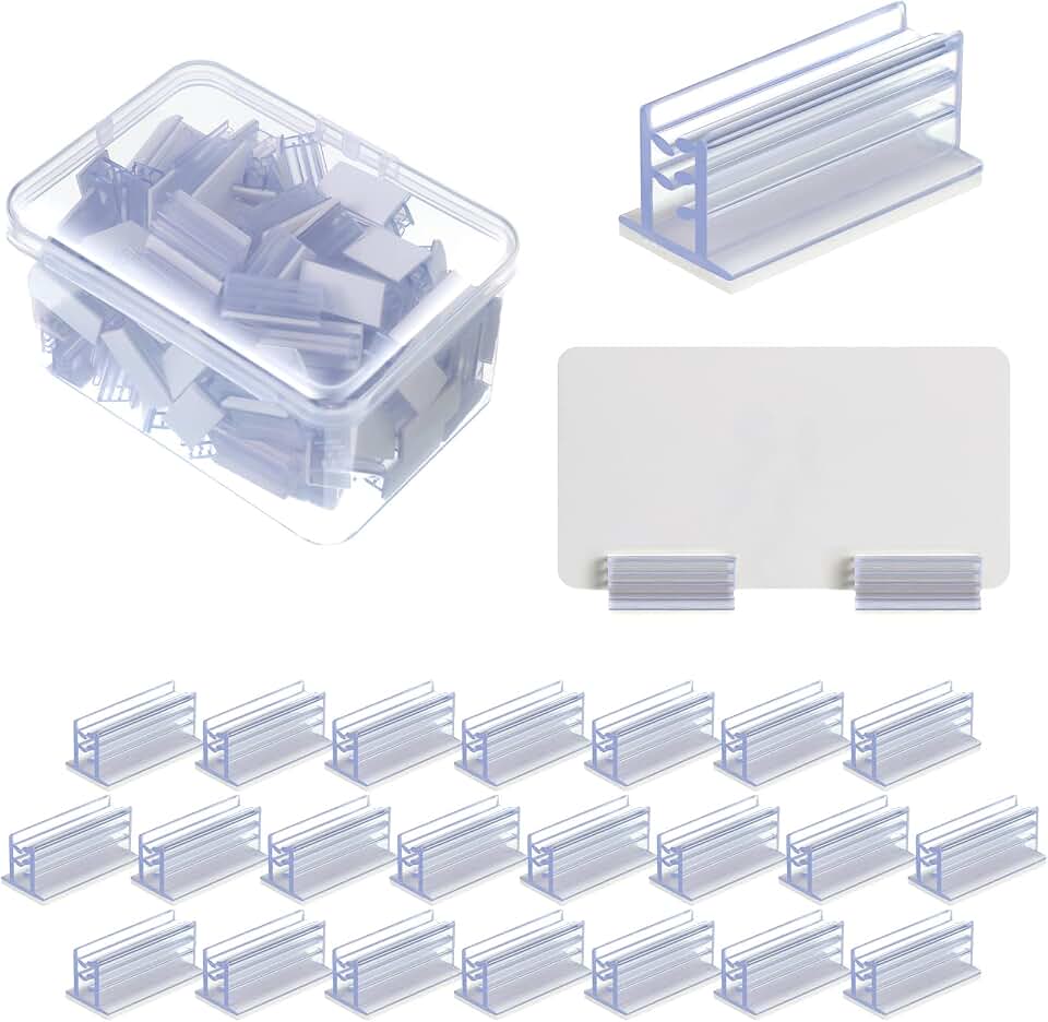 100 Pcs Self Adhesive Sneeze Guard Holder Acrylic Panels Name Tag | Name Tag Sign Holders for Cards Photos Tickets, Clear Desk Label Clips, Adhesive Display Stands 1 X 0.5 X 0.5 Inch