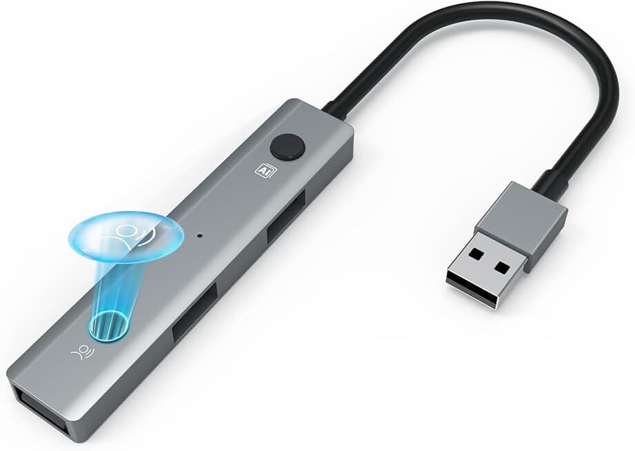 USB 2.0 Hub with AI Voice Tools: USB Multiport Adapter - Voice Transcription - Translation - Speech to Text Device for Laptop PC - 3 USB-A Data Ports - Plug and Play for Home Office