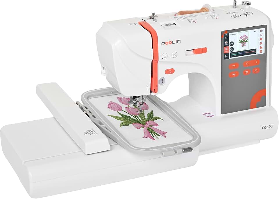 PooLin EOC03 Embroidery Machine 4x4 &amp; 4x9.25 Embroidery Area for Beginners, Easy Operation System, 130 Built-in Designs, 8 Fonts, WiFi Design Transfer, Home DIY Embroidery Machine with Starter Kit
