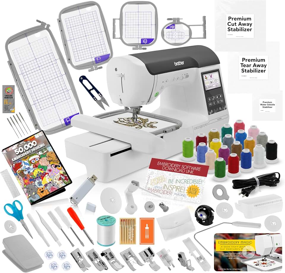 Brother SE2000 Sewing &amp; Embroidery Machine, 5 x 7", Ultimate Embroidery Kit | 4 Hoops, 20 Premium Threads, Stabilizer, 50,000+ Designs, Clippers + More, Cuts Jump Stitches, Wireless, Beginner Friendly