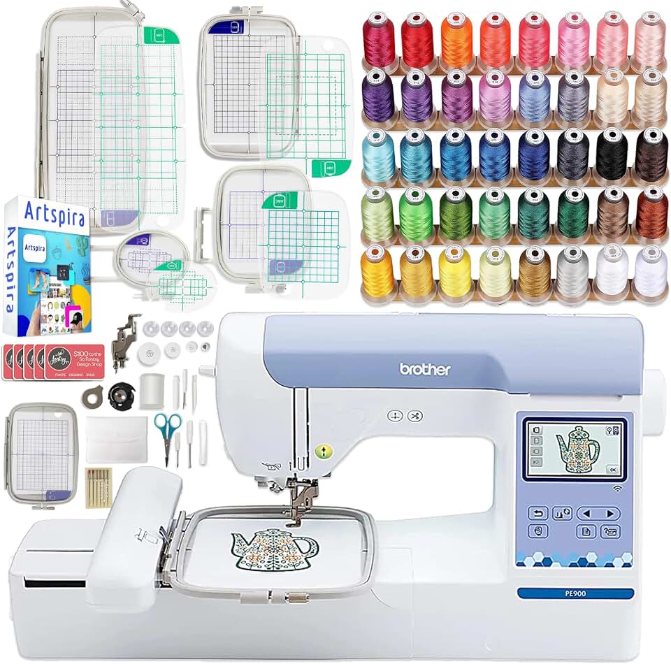 Brother PE900 5" x 7" Embroidery Machine with 5pc Embroidery Hoop Set, Embroidery Threads, &amp; Accessories