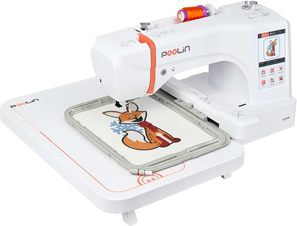 Poolin EOC06 Large Hoop Embroidery Machine, 11 x 7.9 in Embroidery Area | 7 in Touchscreen, 200 Built-In Designs, 4 Hoops, Wi-Fi and USB Transfer for Home Business and DIY Projects