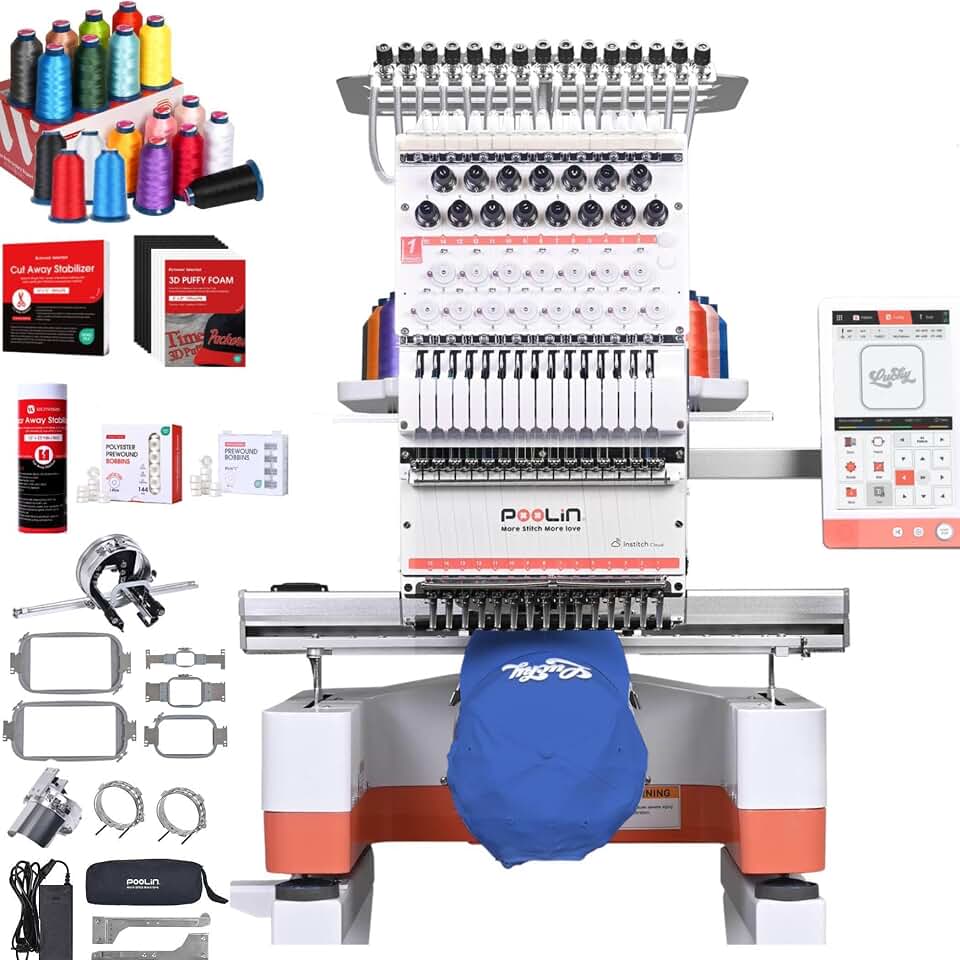 Poolin EOM 15-Needle Embroidery Machine | Starter Bundle – Includes 3D Puffy Foam,15 Threads,144pcs Pre-Wound Bobbins, 12x25'' Cut Away Stabilizer