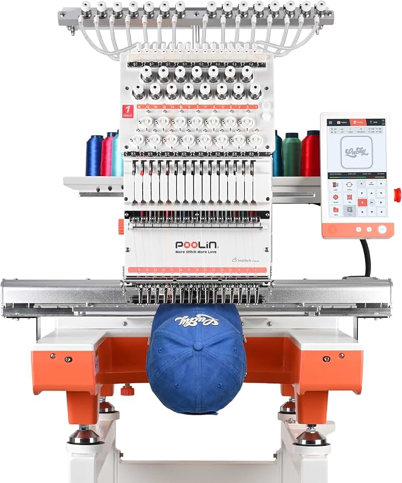 Poolin EOX 15-Needle 20" x 14" Large Embroidery Area | Commercial Embroidery Machine with InStitch Digitizing Software,9" Touchscreen,Includes Stand &amp; Supplies