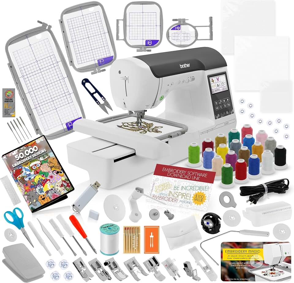 Brother SE2000 Sewing &amp; Embroidery Machine Ultimate Embroidery Package Plus | 4 Hoops, 20 Premium Threads, Stabilizer, 50,000+ Designs, Clippers + More, Cuts Jump Stitches, Wireless, 5 x 7", Easy to Use