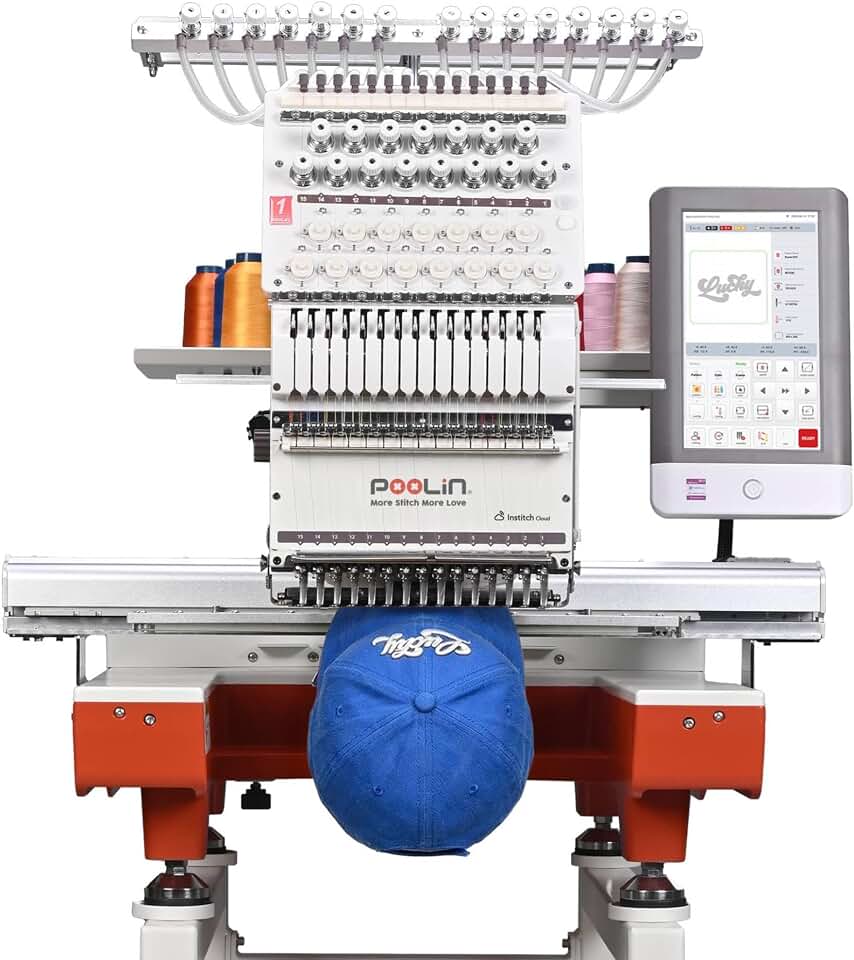 Poolin 15 Needle Commercial Embroidery Machine, 20" x 14" Large Embroidery Area,10" Touchscreen, InStitch OS5 System,270° Cap Embroidery, WiFi &amp; USB, 11 Hoops for Hats, Shirts, Patches and Shoes