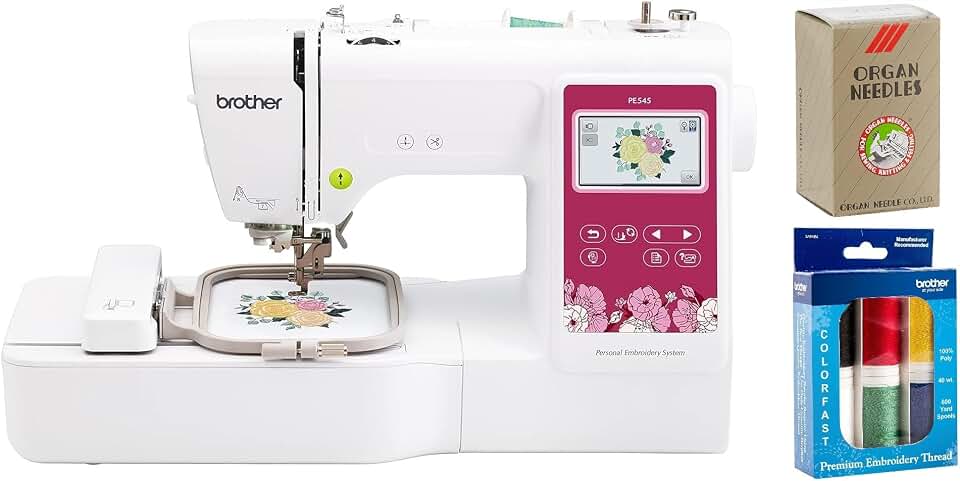 Brother PE545 Embroidery Machine, Wireless LAN Connected, 135 Built-in Designs, 4" x 4" Hoop Area, Premium Embroidery Thread 6 Spools, 75/11 Size Embroidery Needles 100 Count