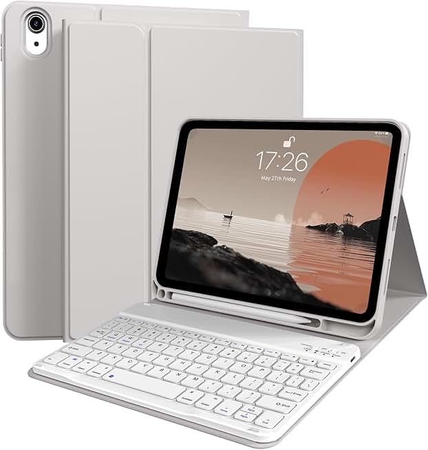 kenke for iPad 11/10th Gen Case with Keyboard 11/10.9 inch 2025 A16/2022, Detachable Wireless Bluetooth Keyboard Case Thin &amp; Light with Built-in Left Side Pencil Holder, White Square Keycaps (Gray)