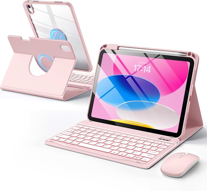 Wenlaty for iPad A16 11th/10th Generation Case with Keyboard &amp; Mouse Hybrid | Rotating Detachable Case, 7-color Backlit Keyboard, Magnetic Cover, Pencil Holder, for iPad A16 11 inch/10th 10.9, Light Pink